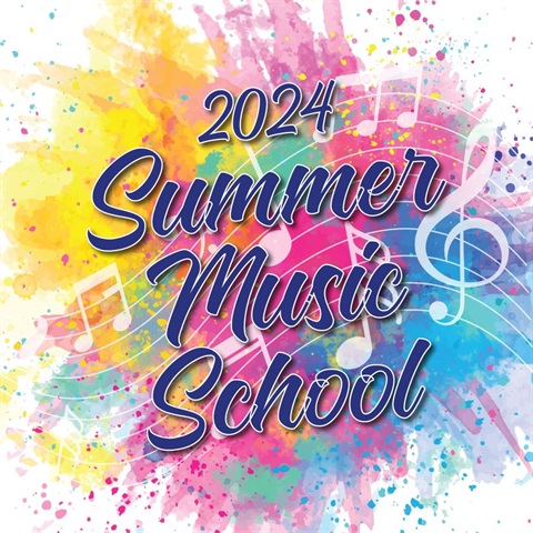 A colourful paint splotch with '2024 Summer Music School' written across