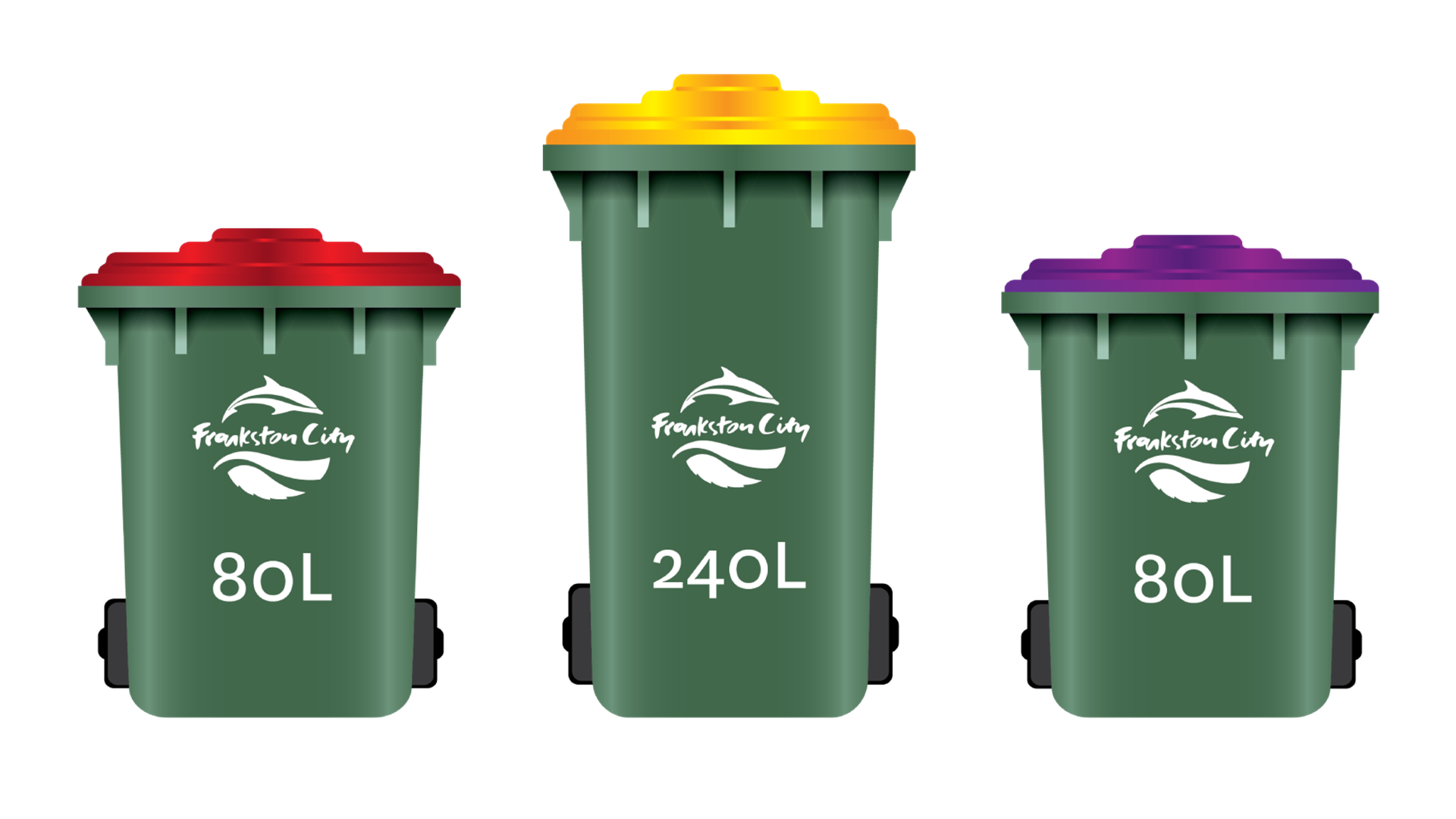80 litre red lid bin, 240 litre yellow lid bin, 80 litre purple lid bin