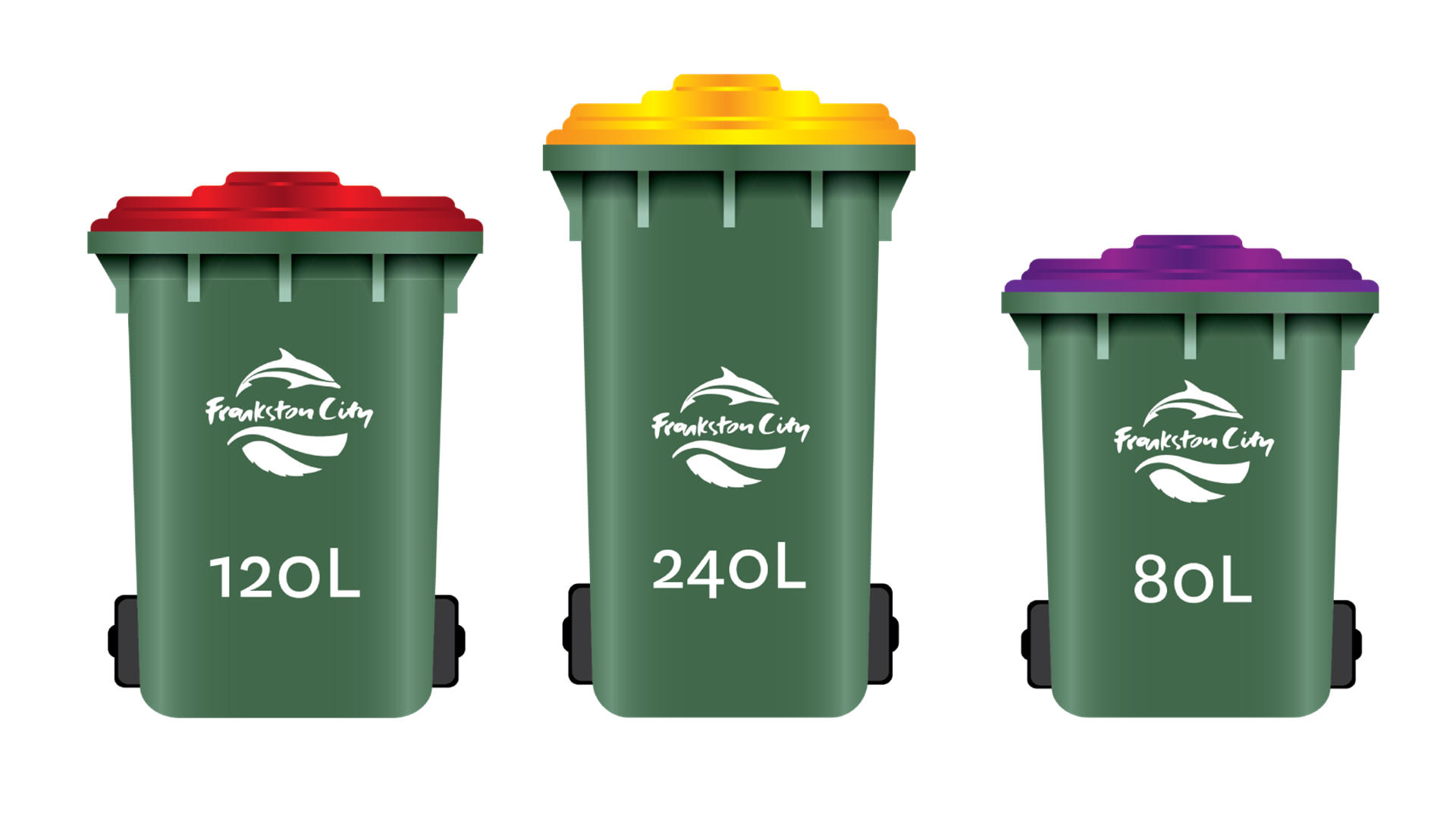 120 litre red lid bin, 240 litre yellow lid bin, 80 litre purple lid bin