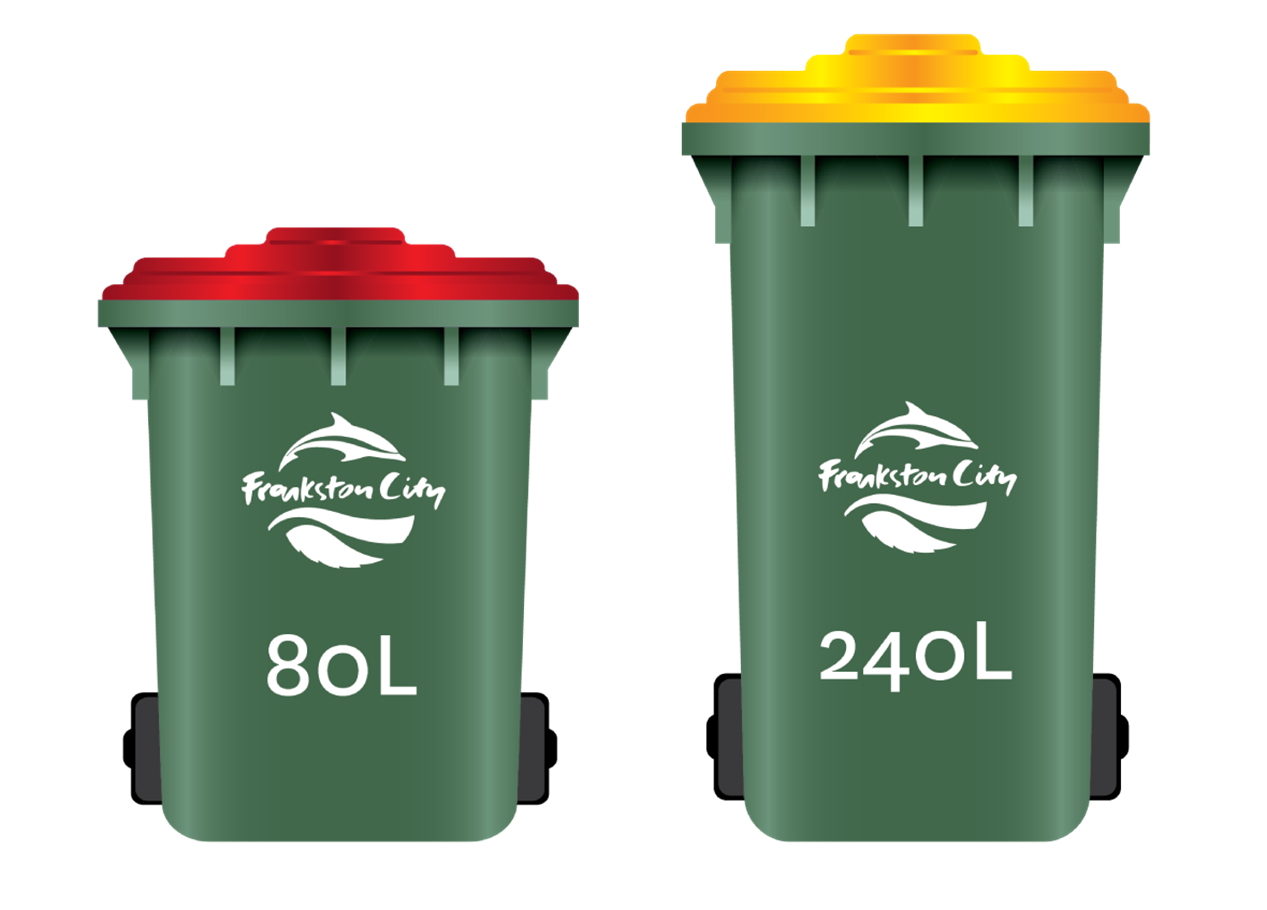 80 litre red lid bin, 240 litre yellow lid bin