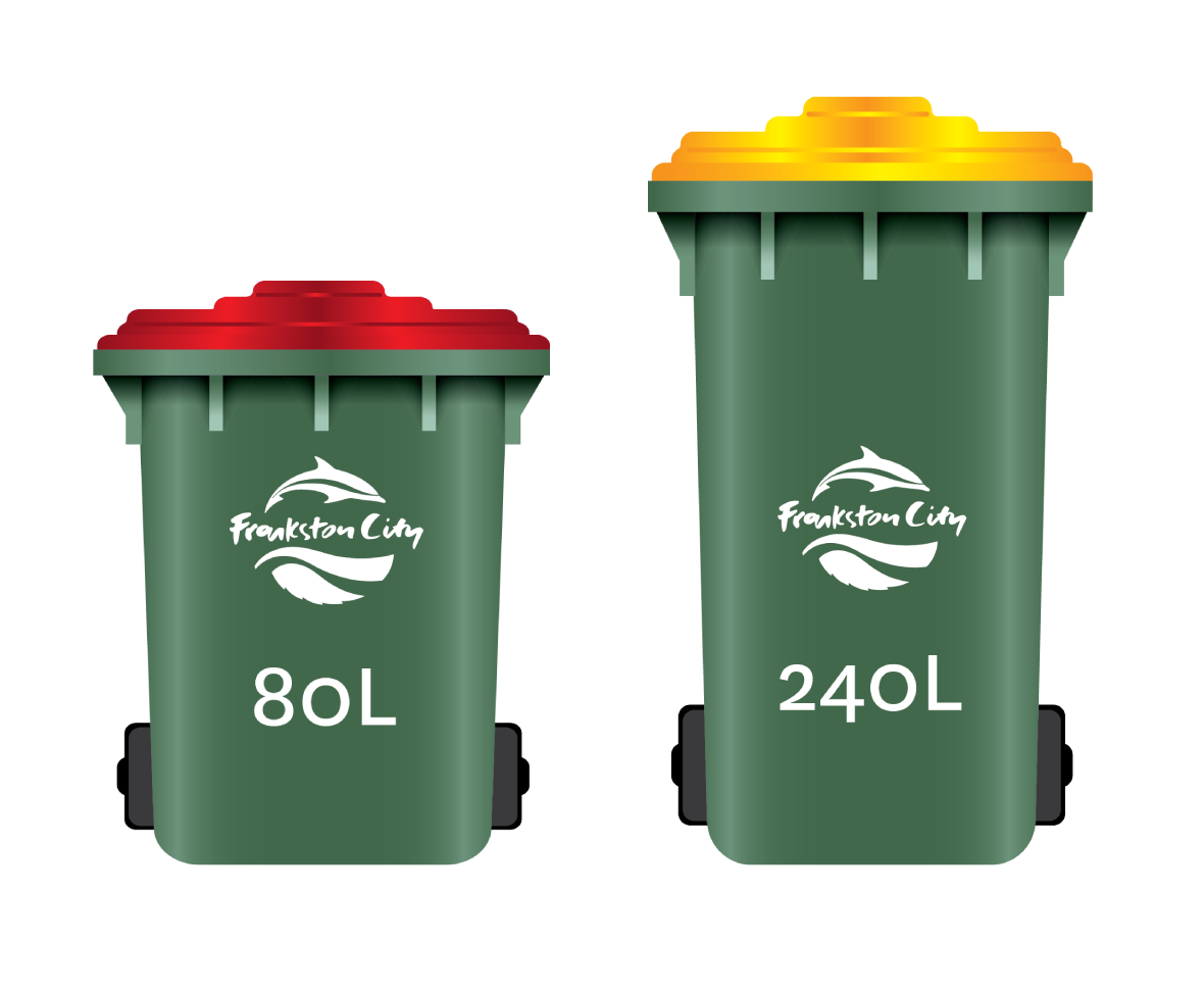 80 litre red lid bin, 240 litre yellow lid bin