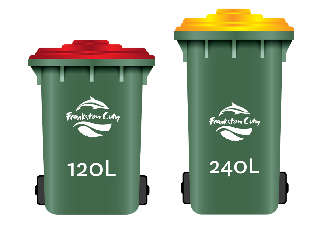 120 litre red lid bin, 240 litre yellow lid bin