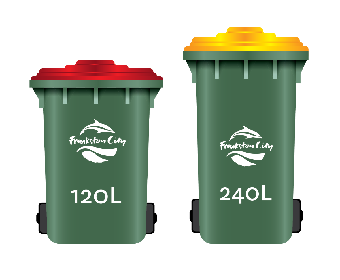 120 litre red lid bin, 240 litre yellow lid bin