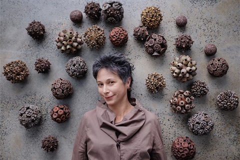 Maria Fernanda Cardoso with Eucalyptus Gumnuts Spheres 2021  Photo credit Jillian Nalty Courtesy of the artist and Sullivan + Strumpf